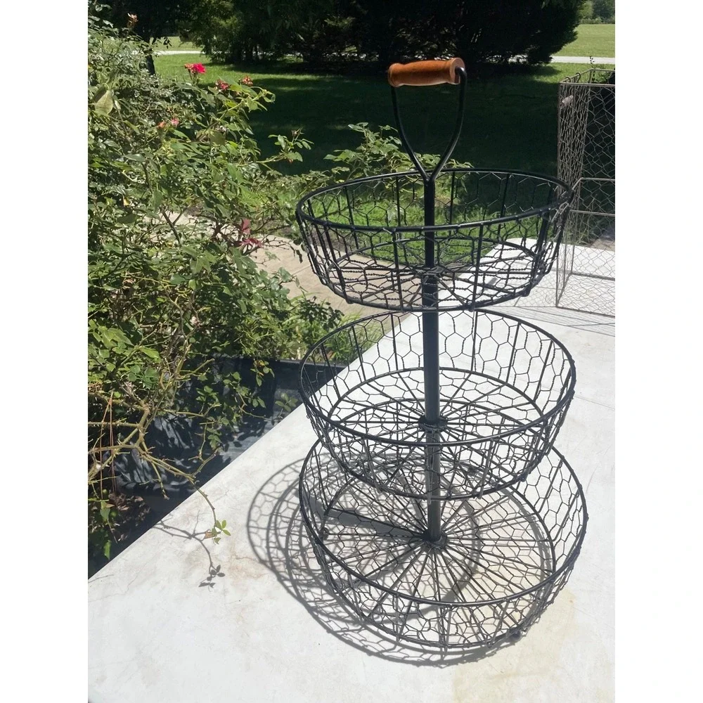 Wire Basket Tray Larger 3 Tier Round Black Fruit Toy Kitchen Bathroom Decor